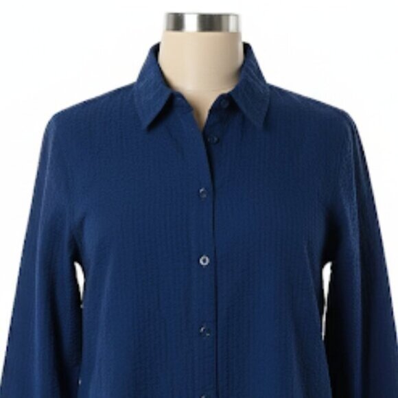 NWOT Joan Rivers Seersucker Button Front Shirt Navy Solid L - Picture 6 of 10